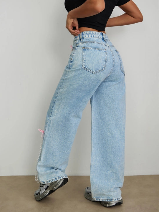 Kiara - Rhinestone and Pearl Embellished Wide Leg Jeans - Ice Blue