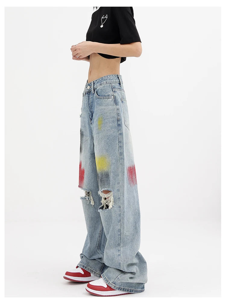 Painted Wide Leg Distressed Jeans - Vivienne