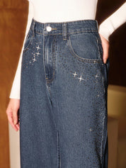 Diamond Mist - Rhinestone Embellished Wide Leg Jeans - Dark Blue