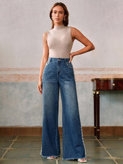 Pearl Affair - Pearl Embellished Wide Leg Jeans - Stone blue