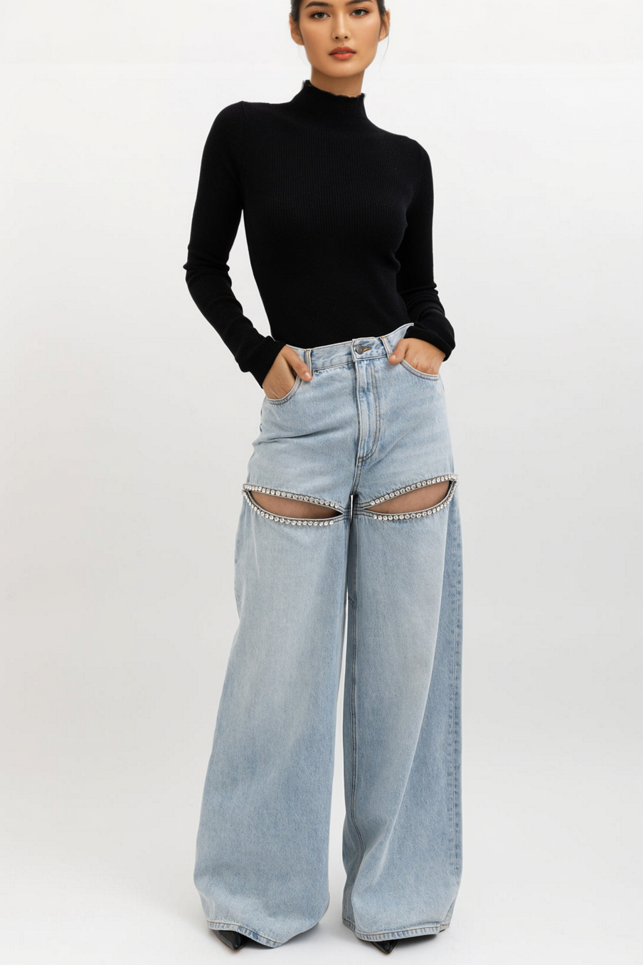 Embellished Wide Leg Cut Out Jeans - Taylor