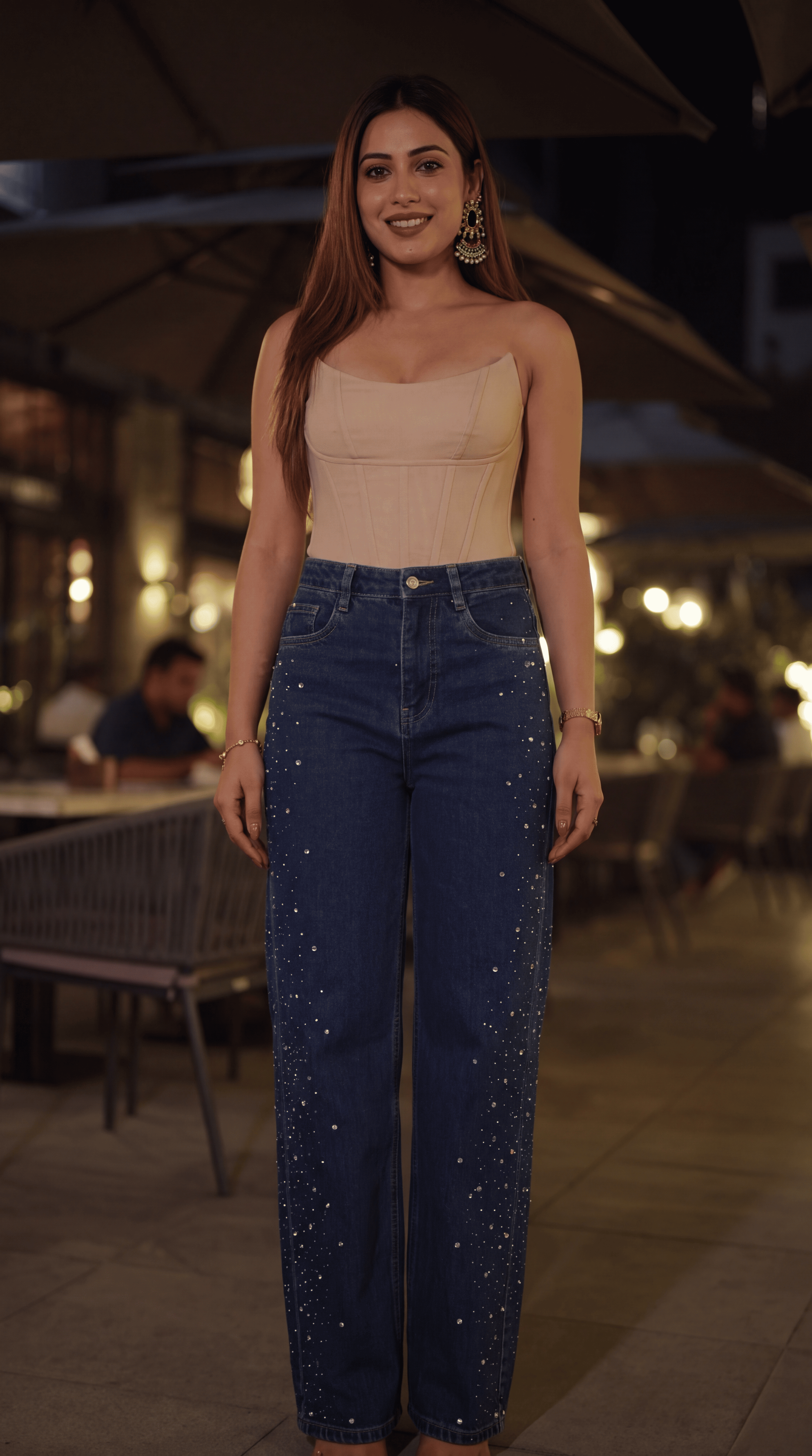 Meher - Rhinestone Embellished Jeans - Dark Blue