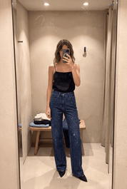 Midnight Blue Diamante Denim High Rise Wide Leg Jeans - Dark Blue