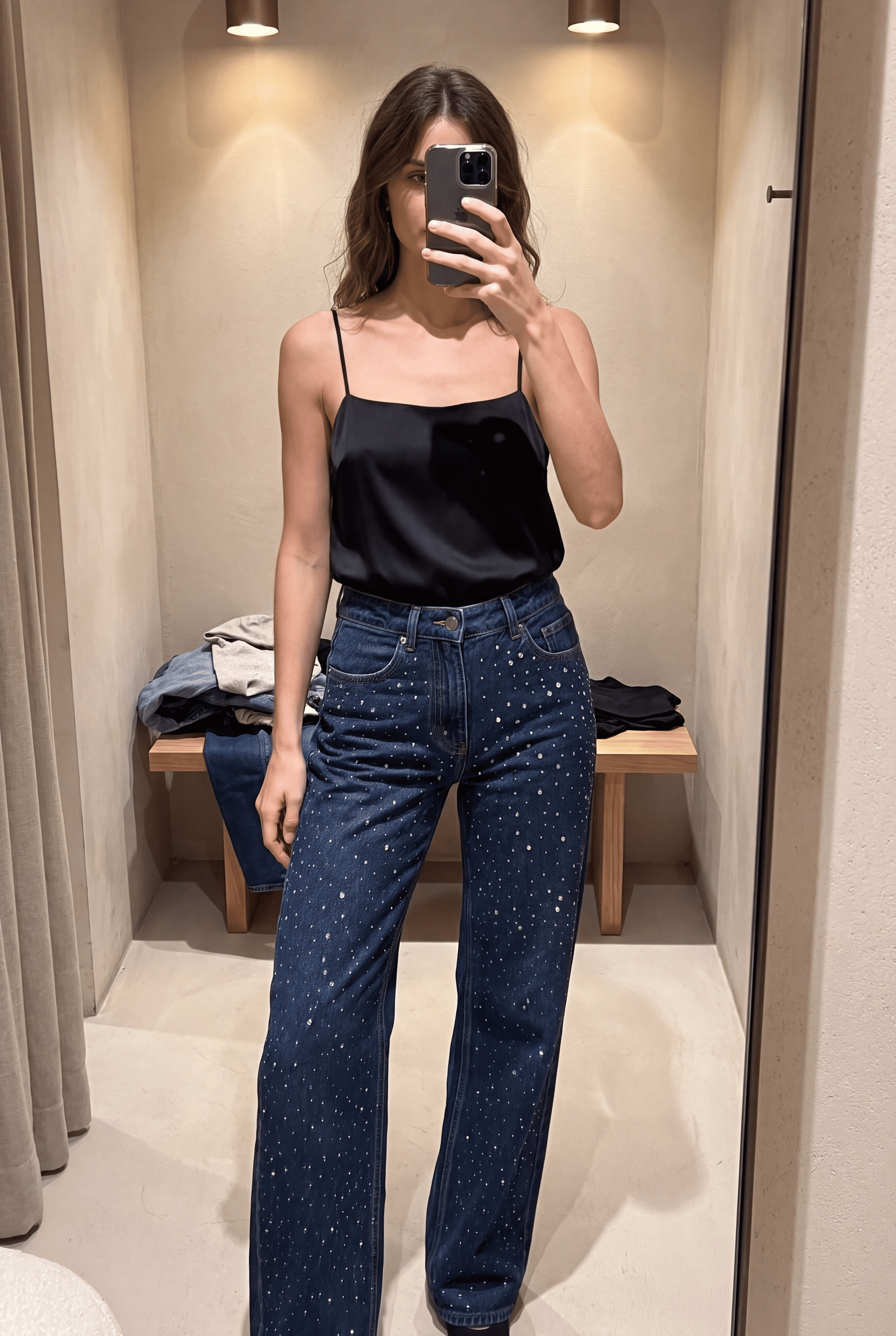 Midnight Blue Diamante Denim High Rise Wide Leg Jeans - Dark Blue