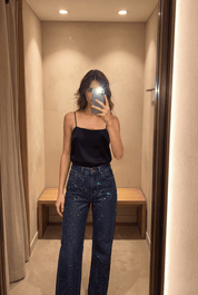 Midnight Blue Diamante Denim High Rise Wide Leg Jeans - Dark Blue