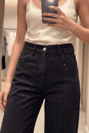 Black Diamante Denim High Rise Wide Leg Jeans - Black