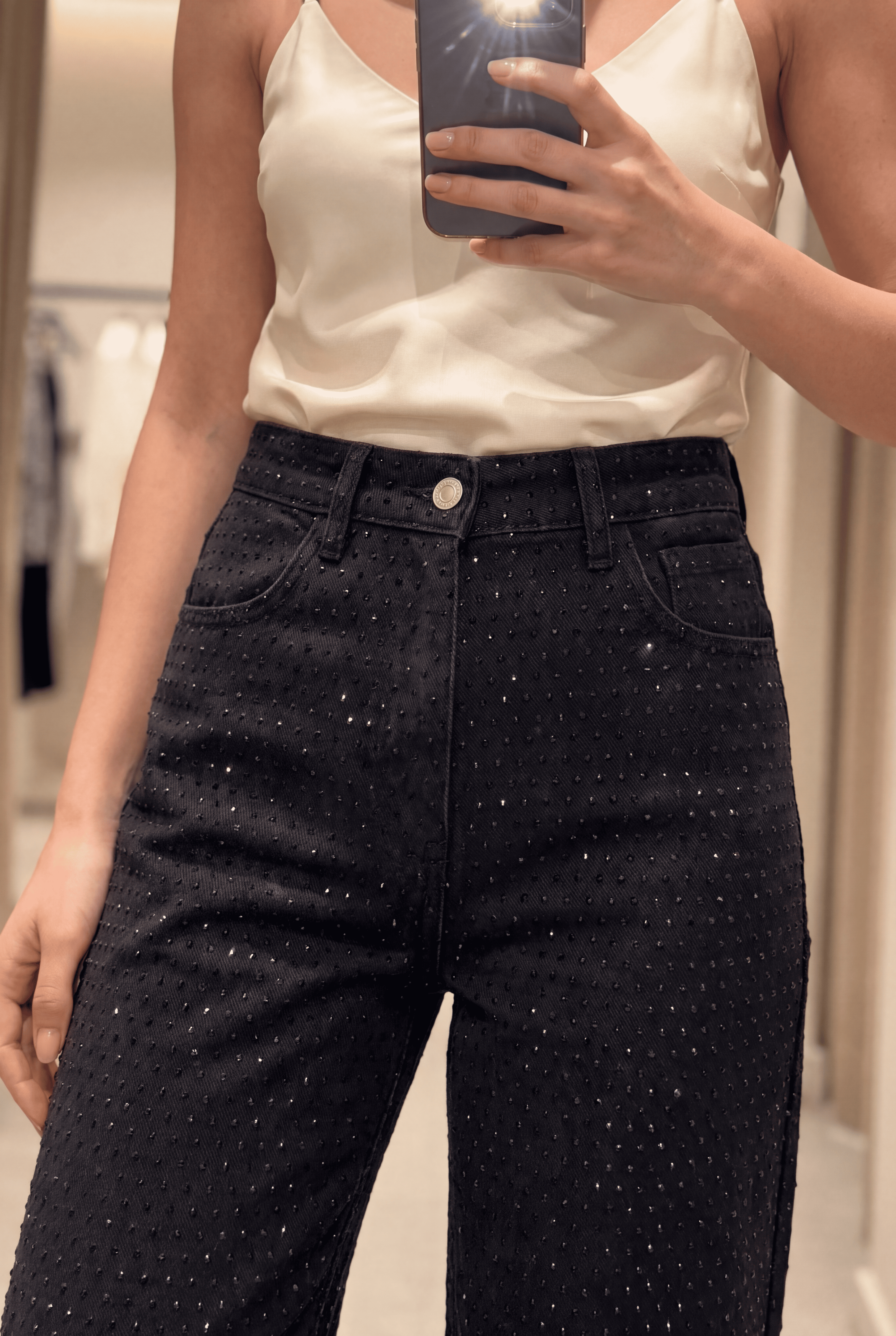 Black Diamante Denim High Rise Wide Leg Jeans - Black
