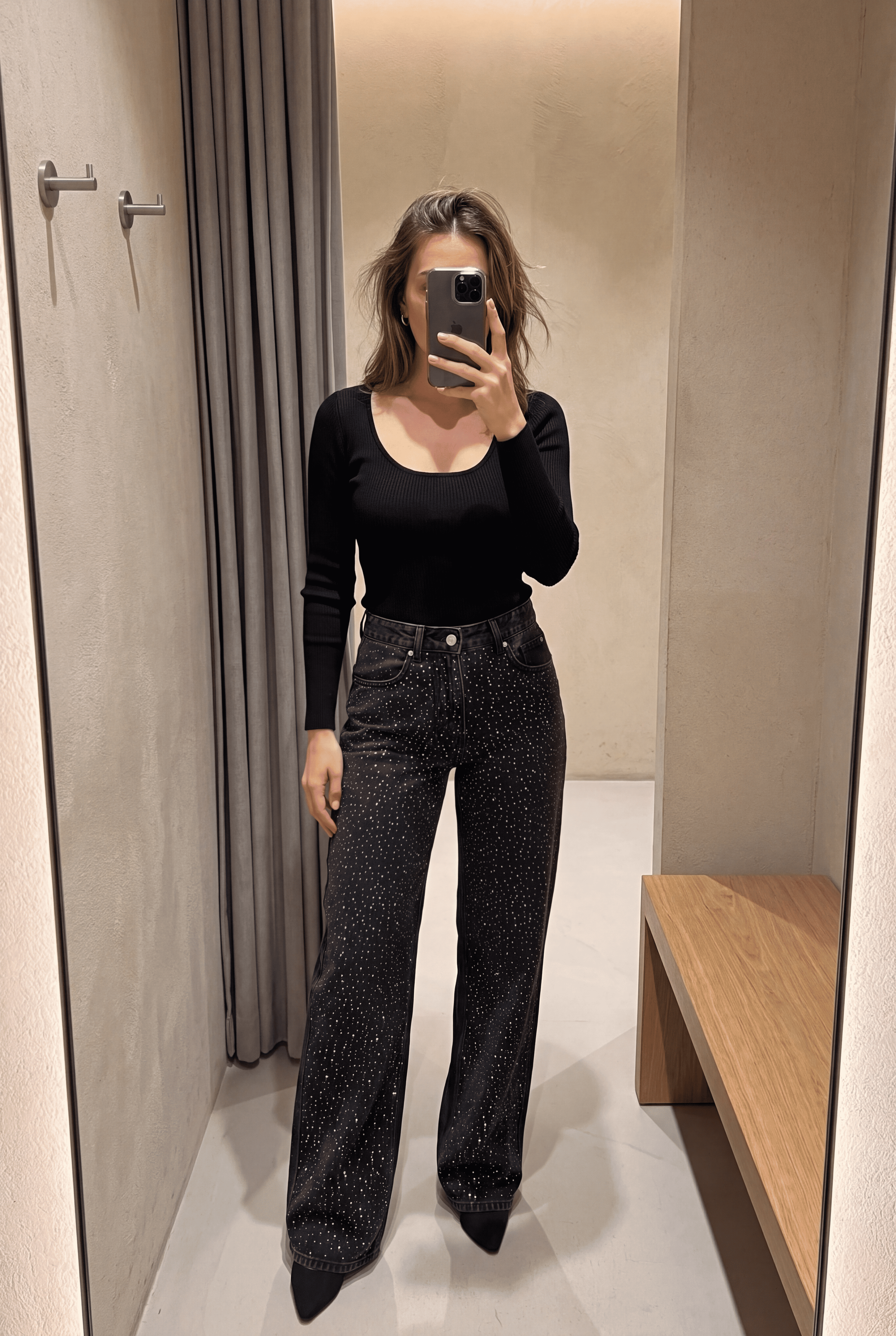 Lunar Lava - Rhinestone Embellished Wide Leg Jeans - Black