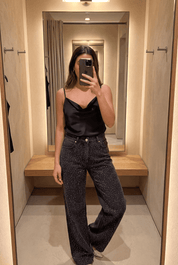 Lunar Lava - Rhinestone Embellished Wide Leg Jeans - Black