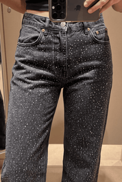 Lunar Lava - Rhinestone Embellished Wide Leg Jeans - Black