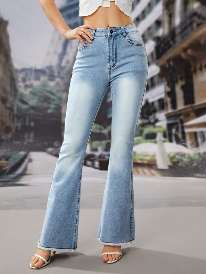 Casual boot cut jeans with fuzzy detailing