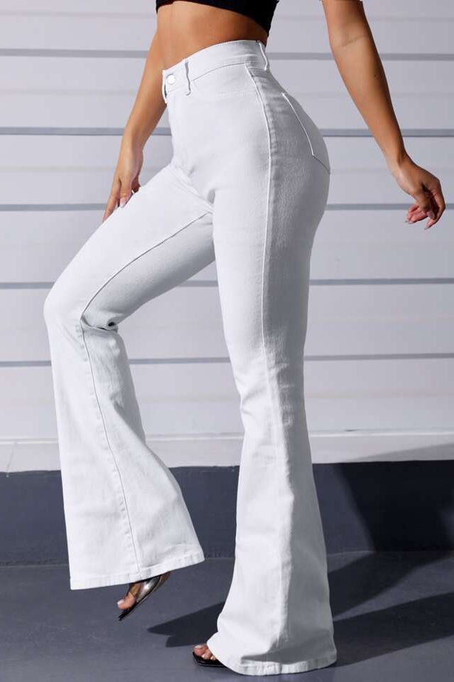 Fashionable white boot cut jeans