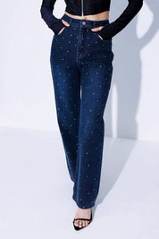 Rhinestone Embellished Wide Leg Jeans Stone Blue