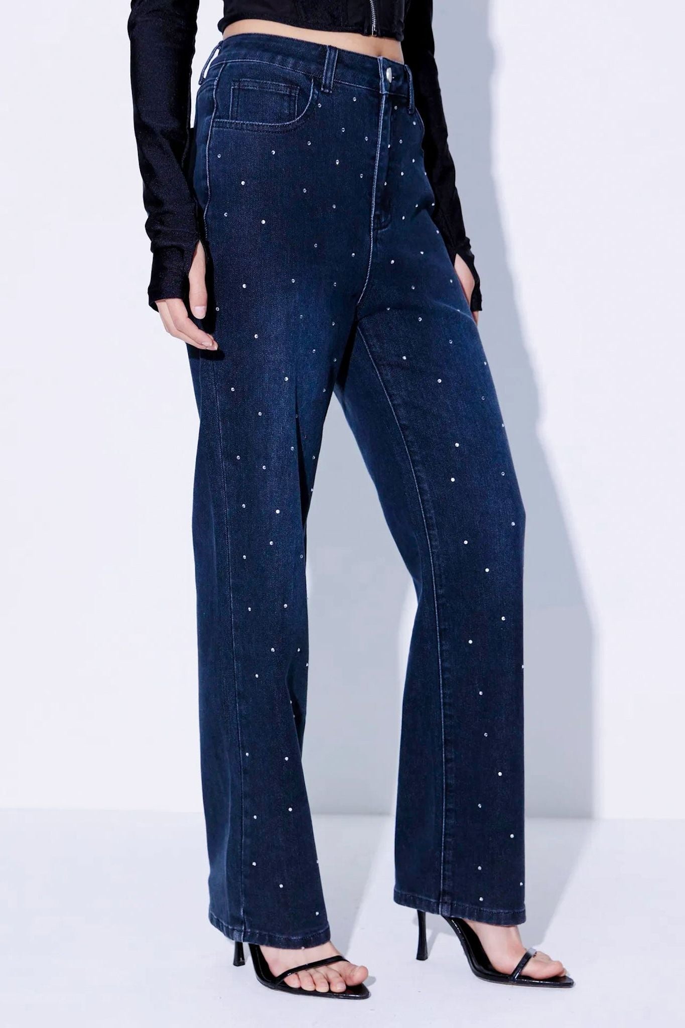 Rhinestone Embellished Wide Leg Jeans Stone Blue