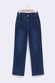 Rhinestone Embellished Wide Leg Jeans Stone Blue