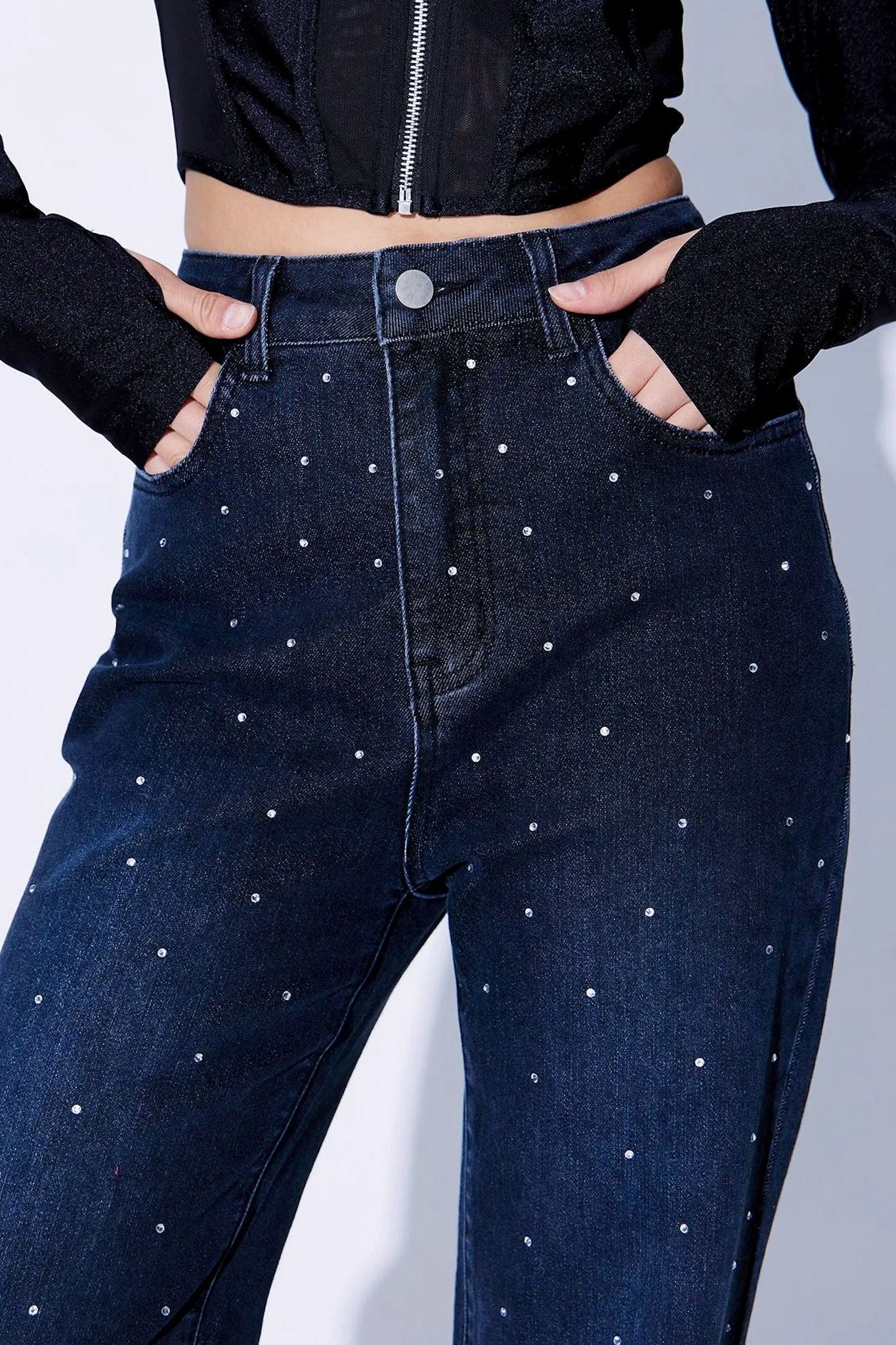 Rhinestone Embellished Wide Leg Jeans Stone Blue