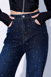 Rhinestone Embellished Wide Leg Jeans Stone Blue