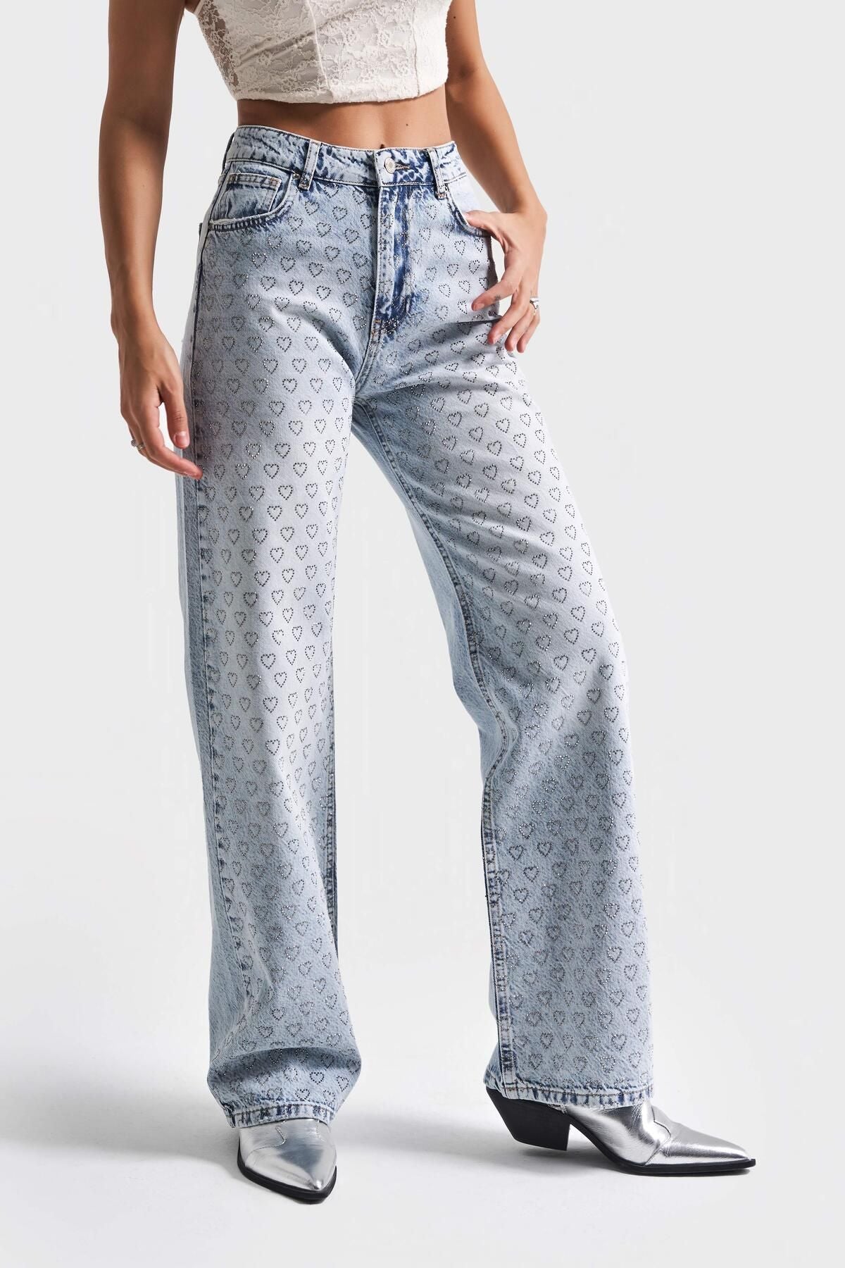 Adore - Rhinestone Embellished Wide Leg Jeans