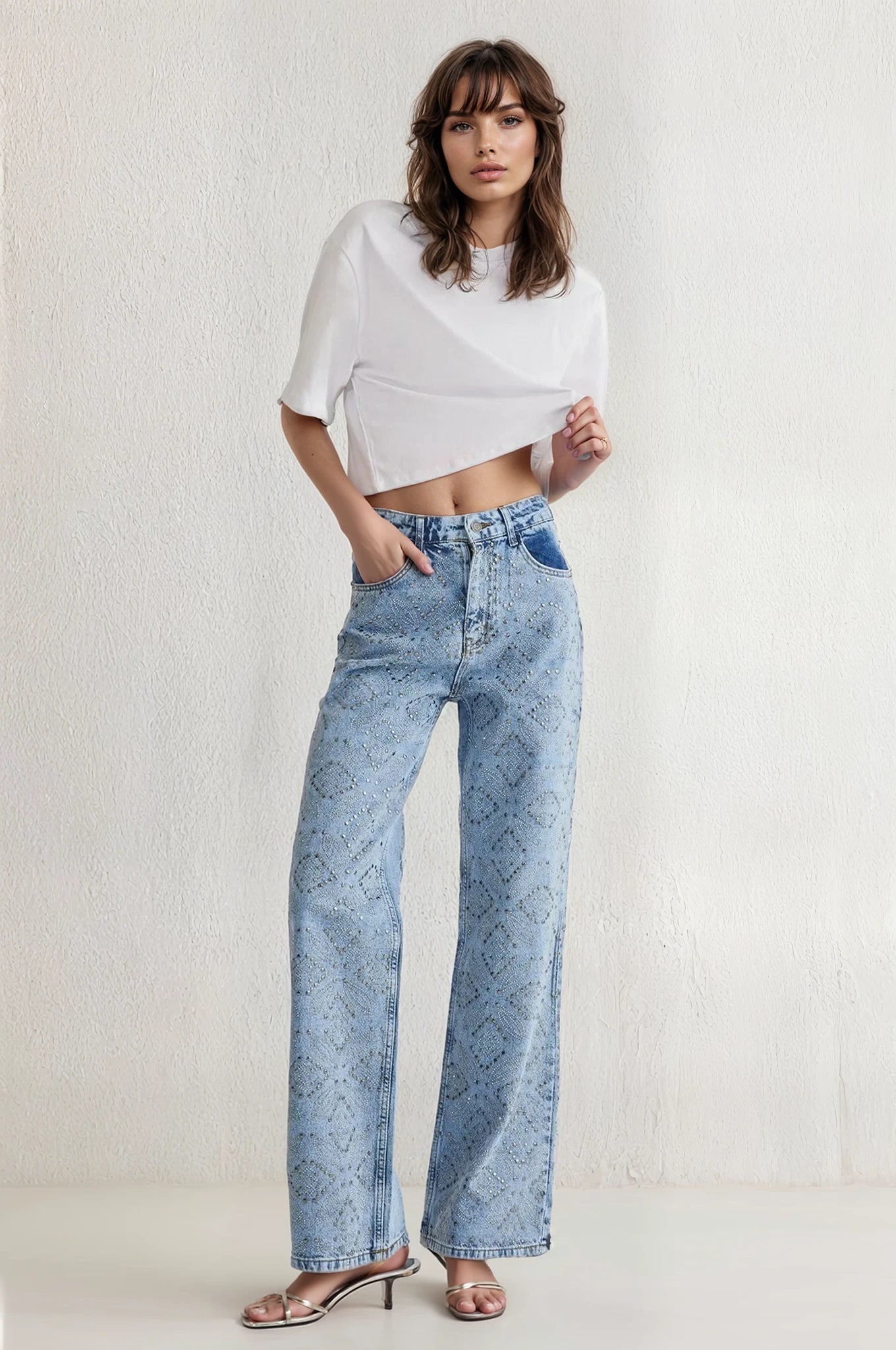 Mystic Weave - Rhinestone Embellished Wide Leg Jeans