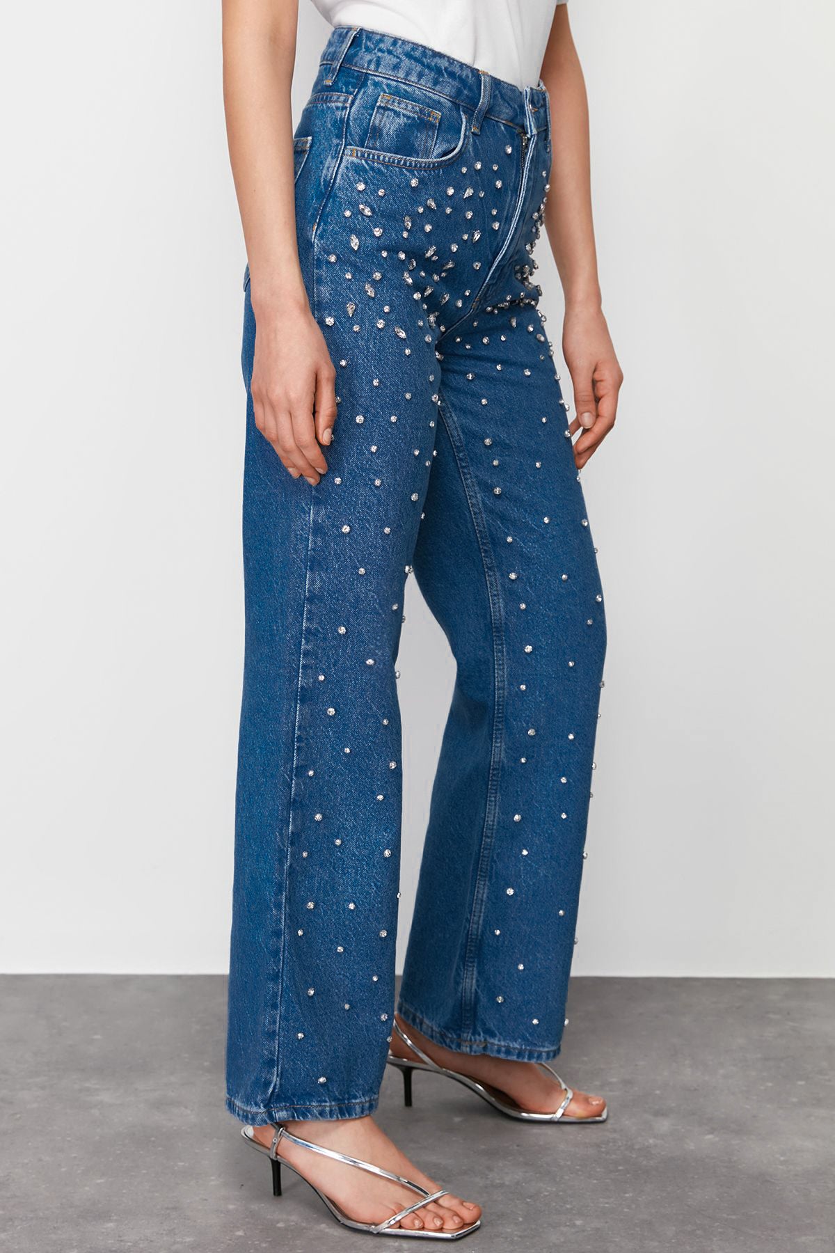Starry Streak Rhinestone Embellished Wide Leg Jeans