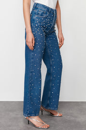 Starry Streak Rhinestone Embellished Wide Leg Jeans
