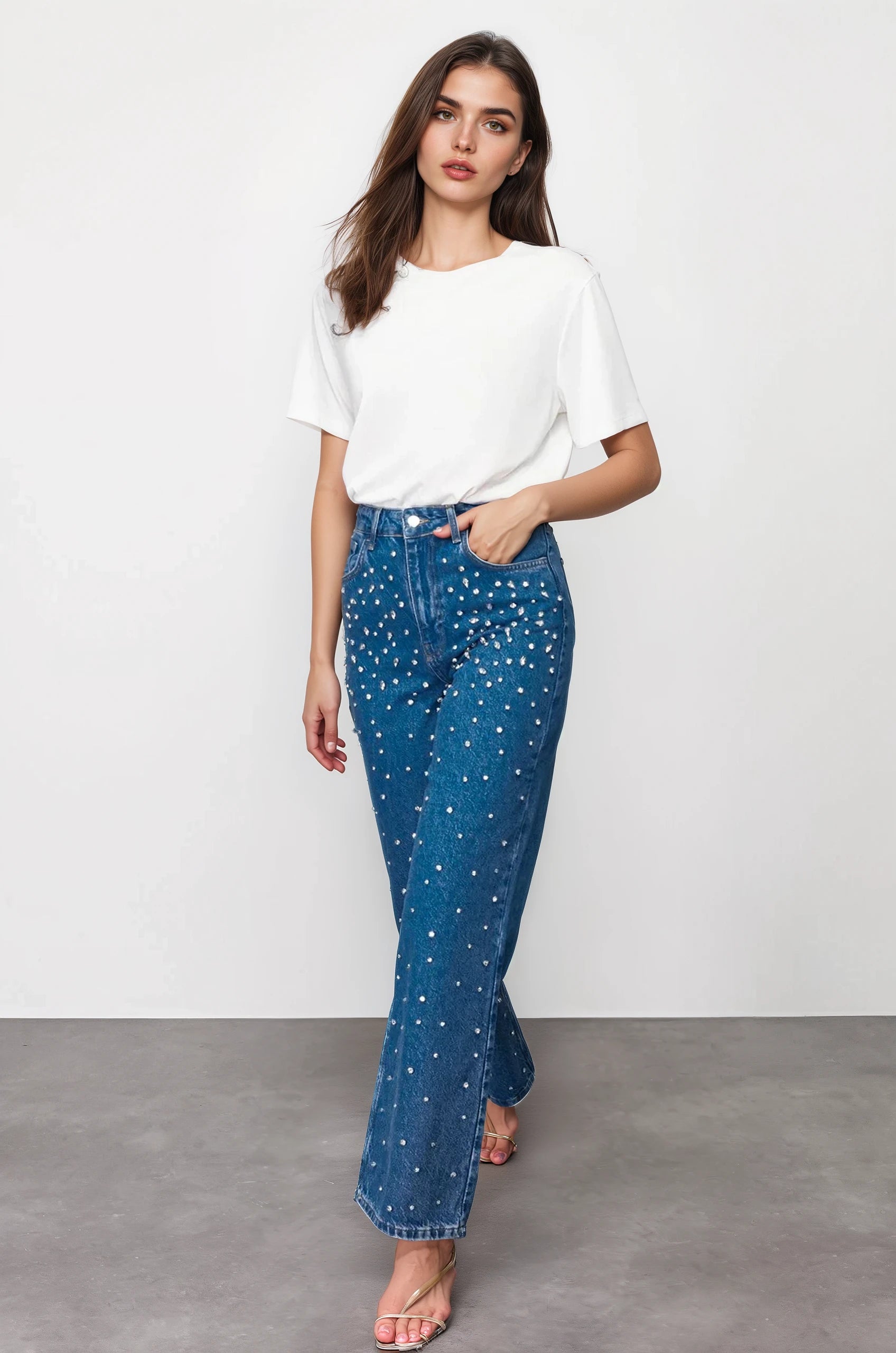 Starry Streak Rhinestone Embellished Wide Leg Jeans