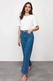 Starry Streak Rhinestone Embellished Wide Leg Jeans