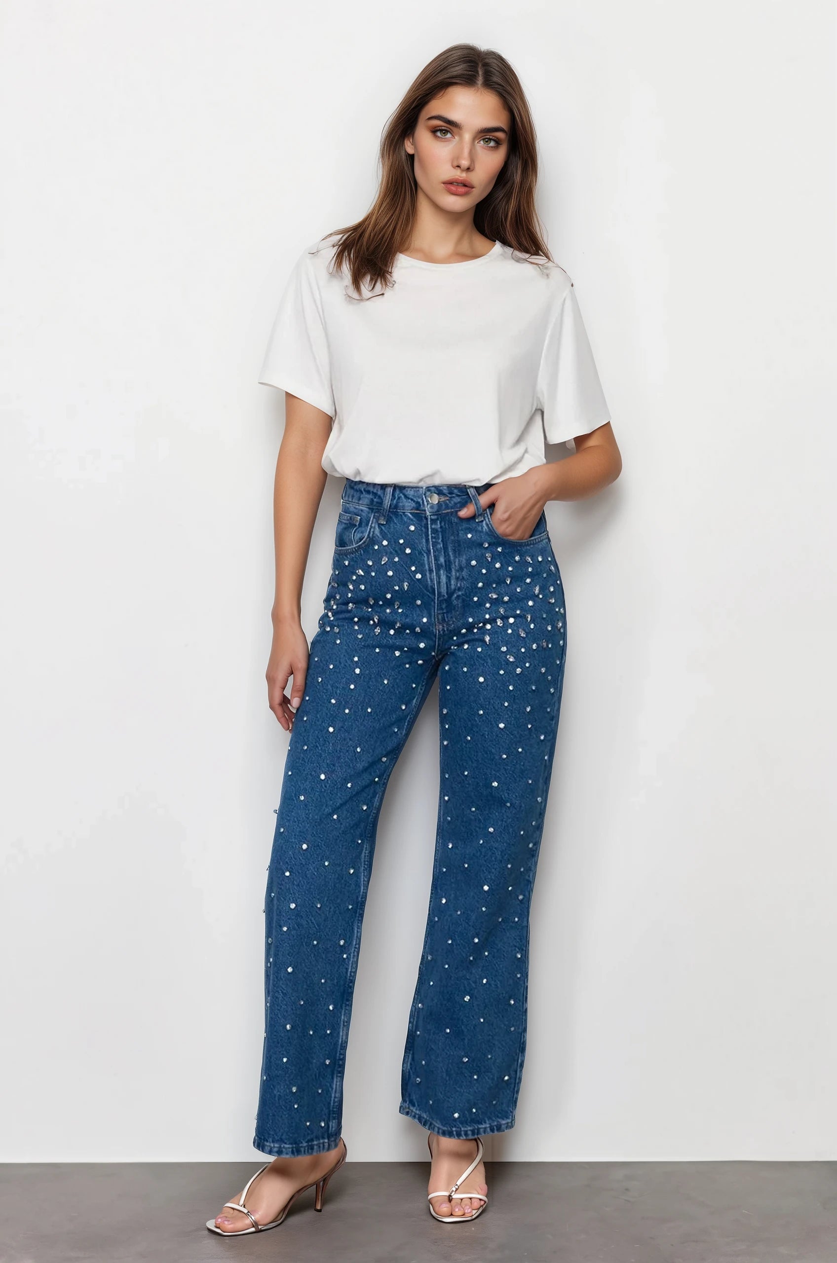Starry Streak Rhinestone Embellished Wide Leg Jeans