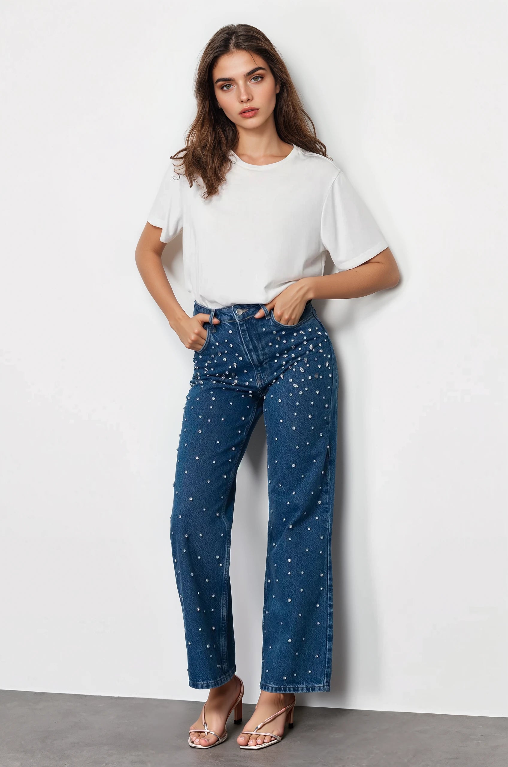 Starry Streak Rhinestone Embellished Wide Leg Jeans