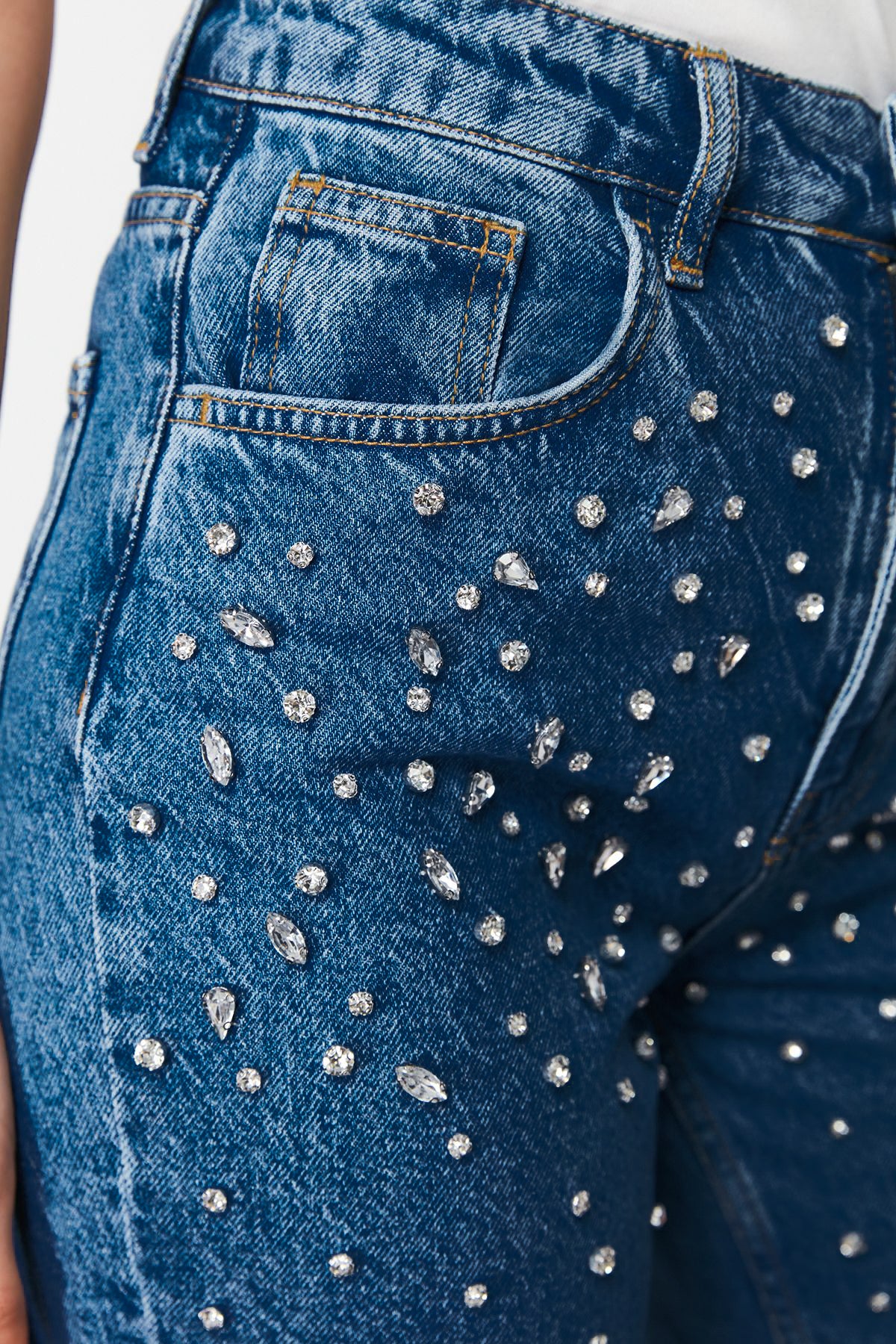 Starry Streak Rhinestone Embellished Wide Leg Jeans