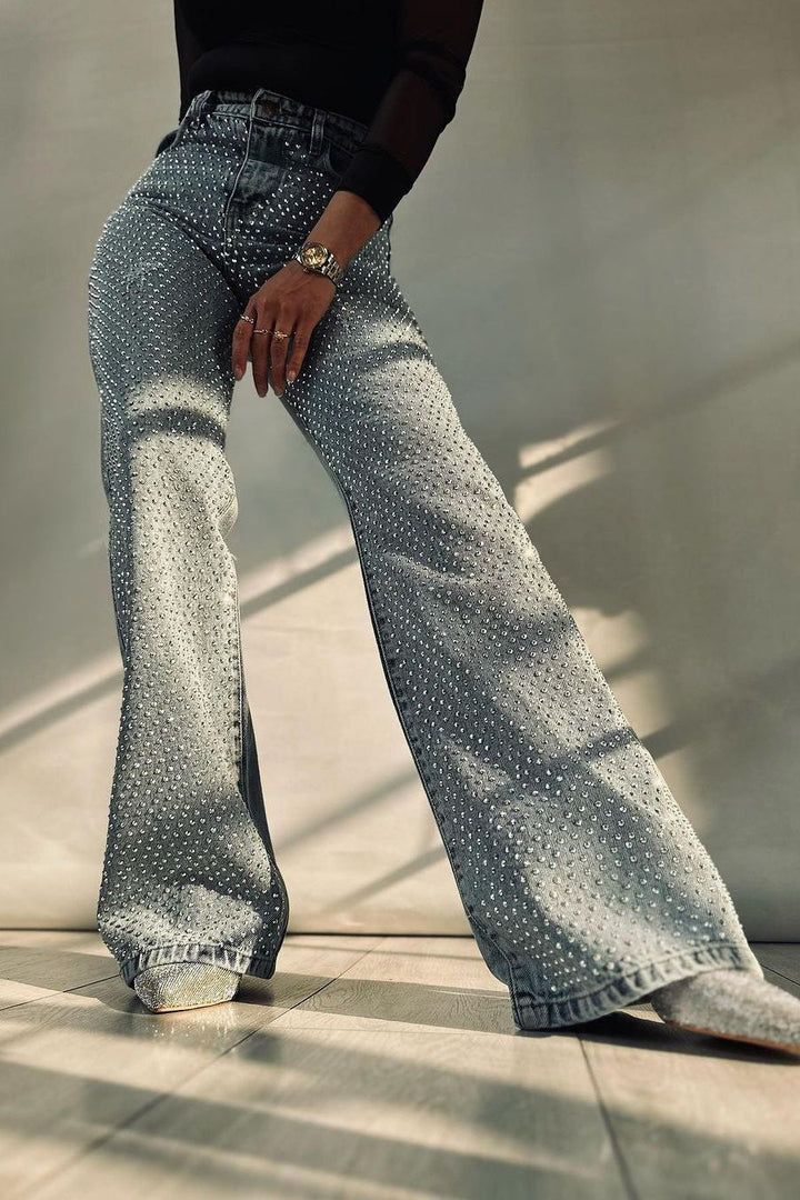 High Rise Rhinestone Embellished Boot Cut Flared Jeans - Anastasia