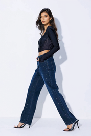 Rhinestone Embellished Wide Leg Jeans Stone Blue