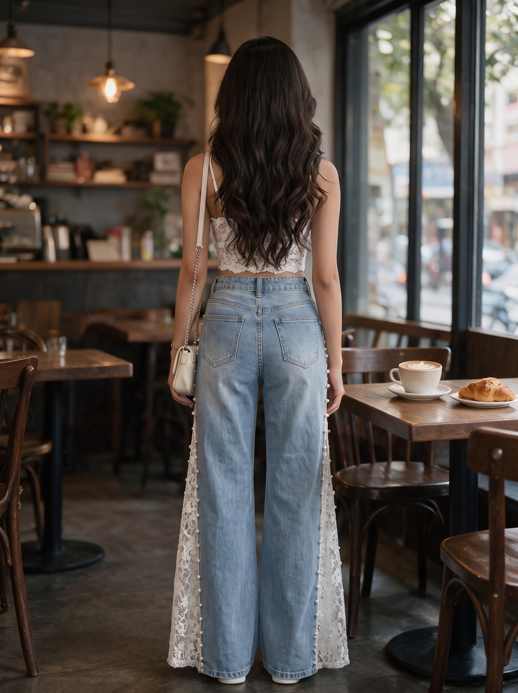 Sarah - Pearl Embellished Lace Jeans - Ice Blue