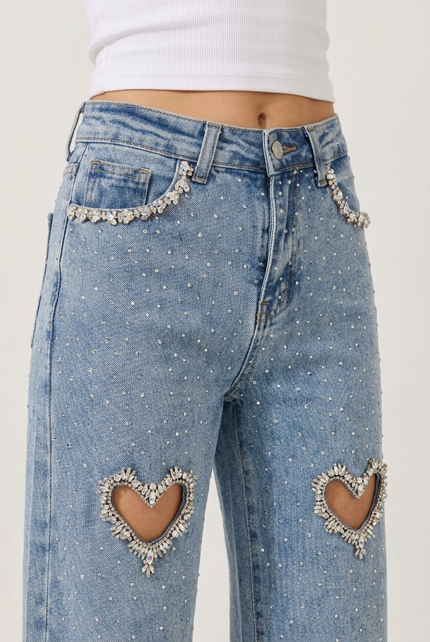Cupid’s Charm - Rhinestone Embellished Cut Out Jeans - IceBlue