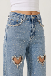 Cupid’s Charm - Rhinestone Embellished Cut Out Jeans - IceBlue