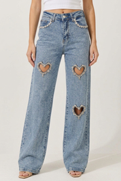 Cupid’s Charm - Rhinestone Embellished Cut Out Jeans - IceBlue