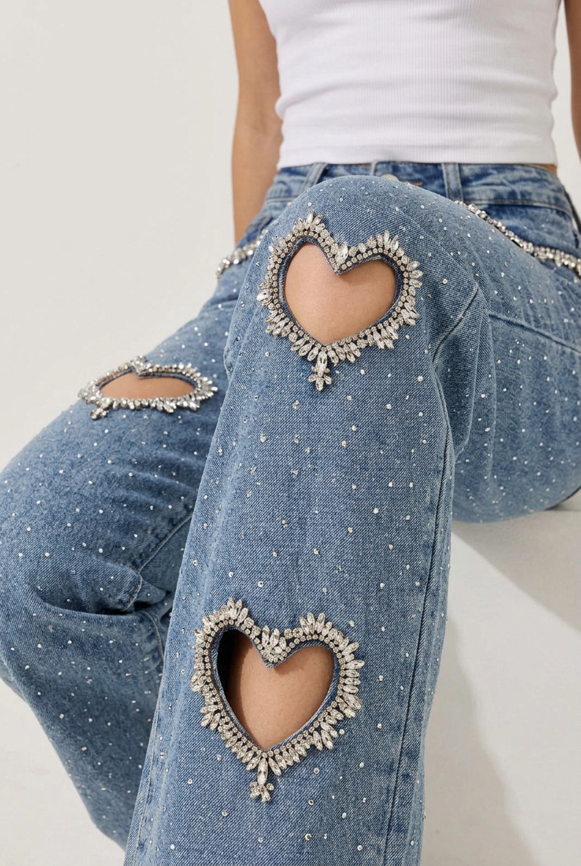 Cupid’s Charm - Rhinestone Embellished Cut Out Jeans - IceBlue