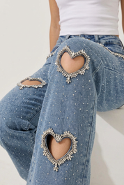 Cupid’s Charm - Rhinestone Embellished Cut Out Jeans - IceBlue