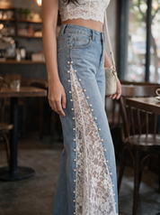 Sarah - Pearl Embellished Lace Jeans - Ice Blue