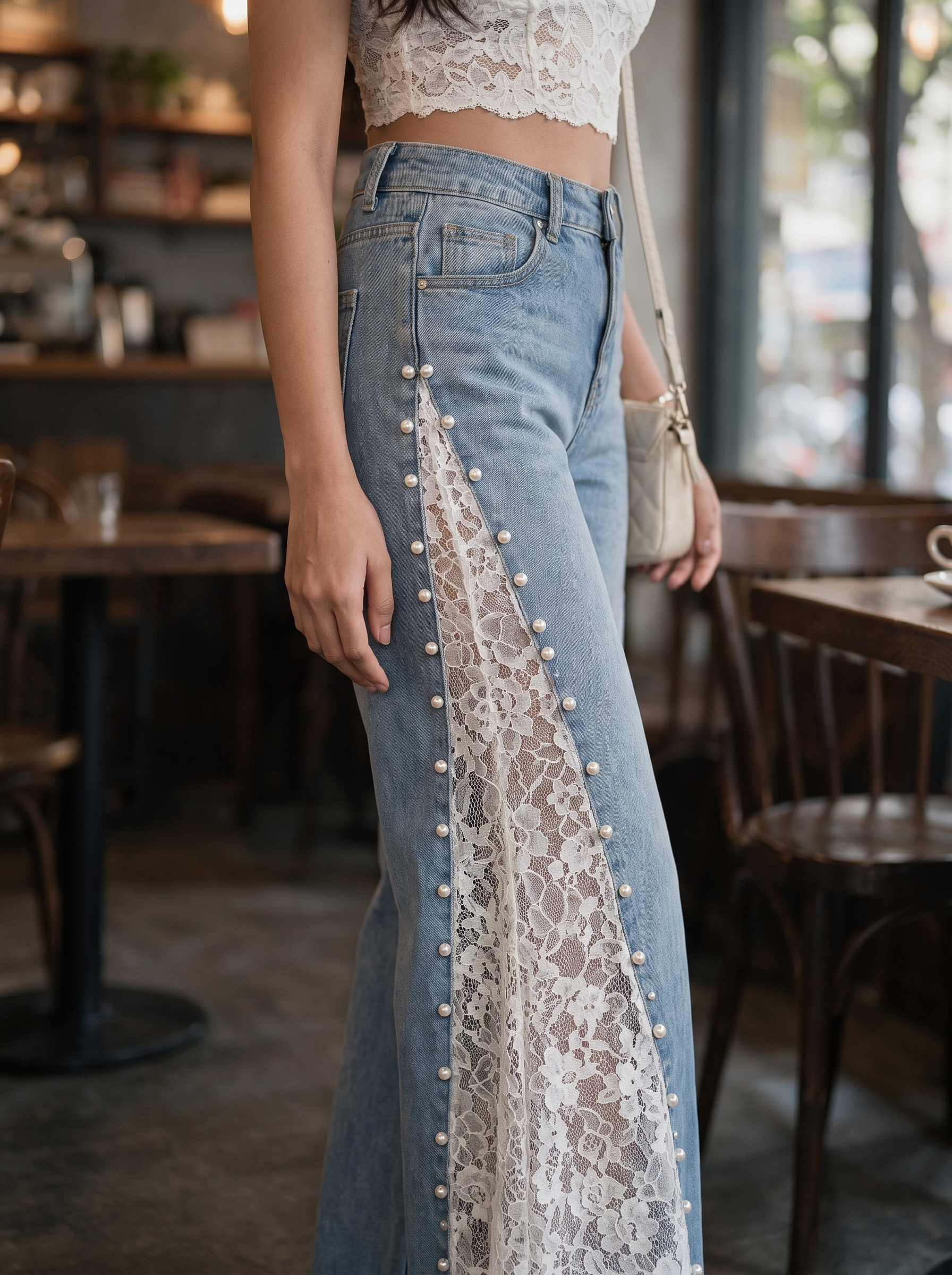 Sarah - Pearl Embellished Lace Jeans - Ice Blue