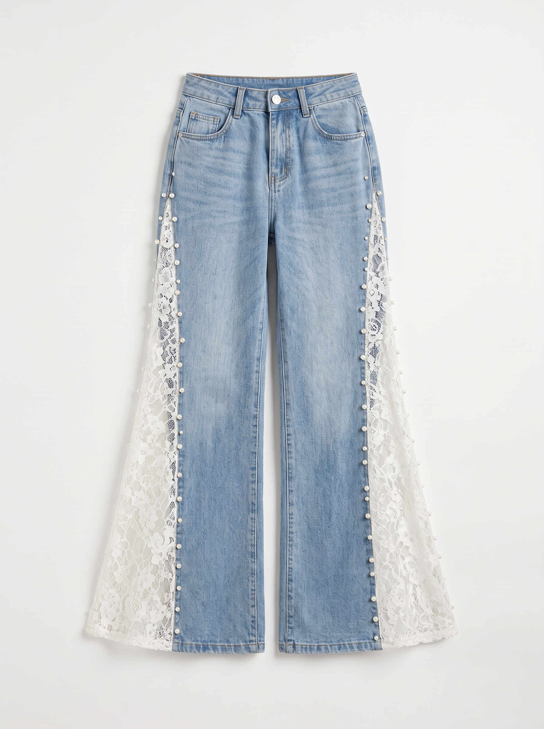 Sarah - Pearl Embellished Lace Jeans - Ice Blue