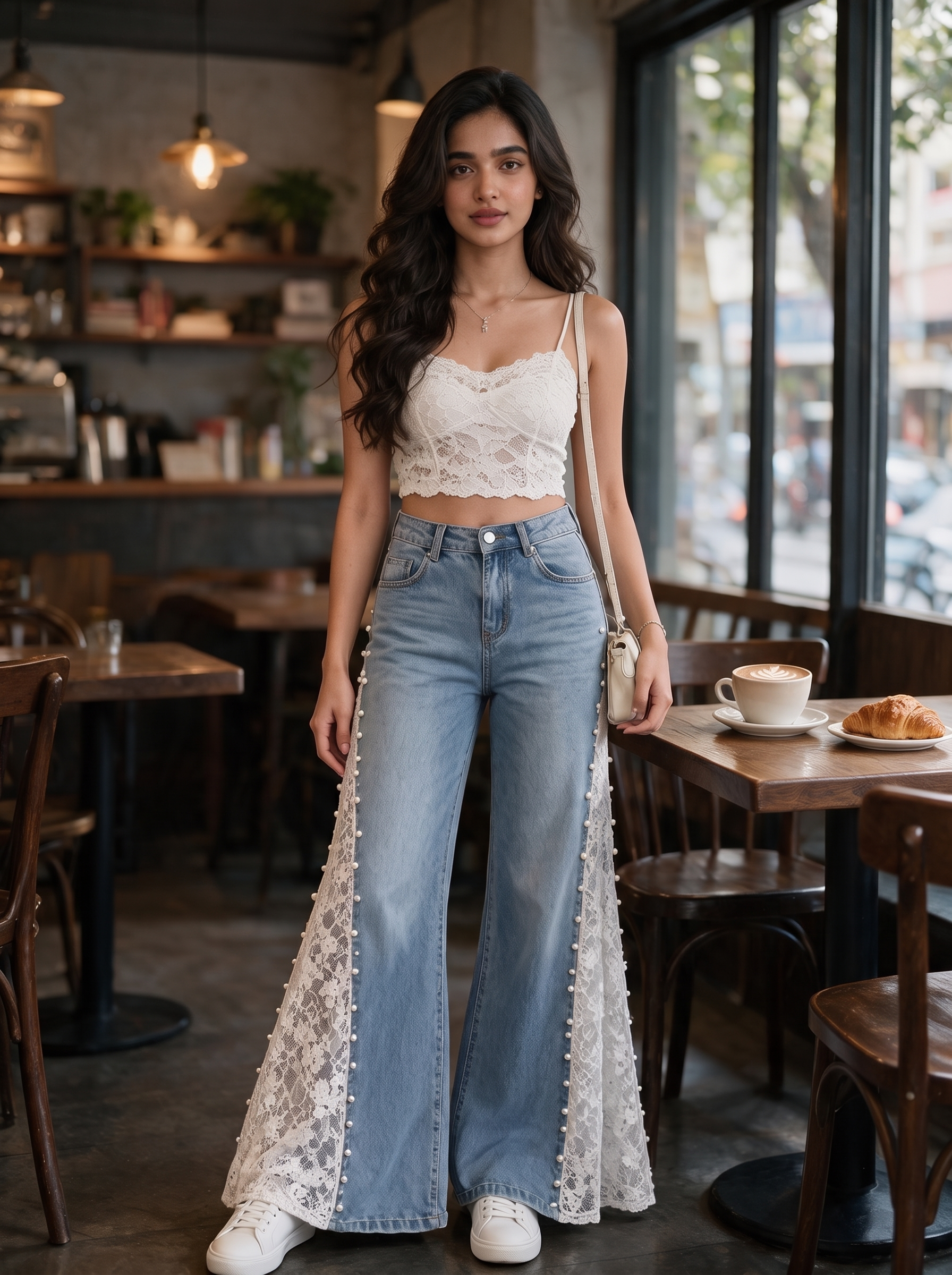 Sarah - Pearl Embellished Lace Jeans - Ice Blue