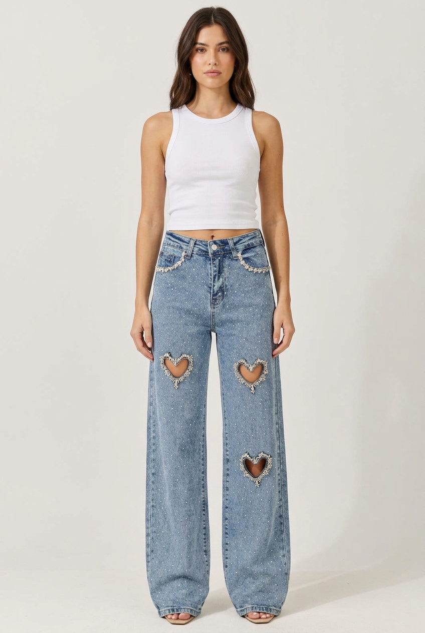 Cupid’s Charm - Rhinestone Embellished Cut Out Jeans - IceBlue