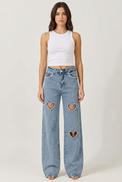 Cupid’s Charm - Rhinestone Embellished Cut Out Jeans - IceBlue