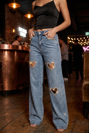 Cupid’s Charm - Rhinestone Embellished Cut Out Jeans - IceBlue