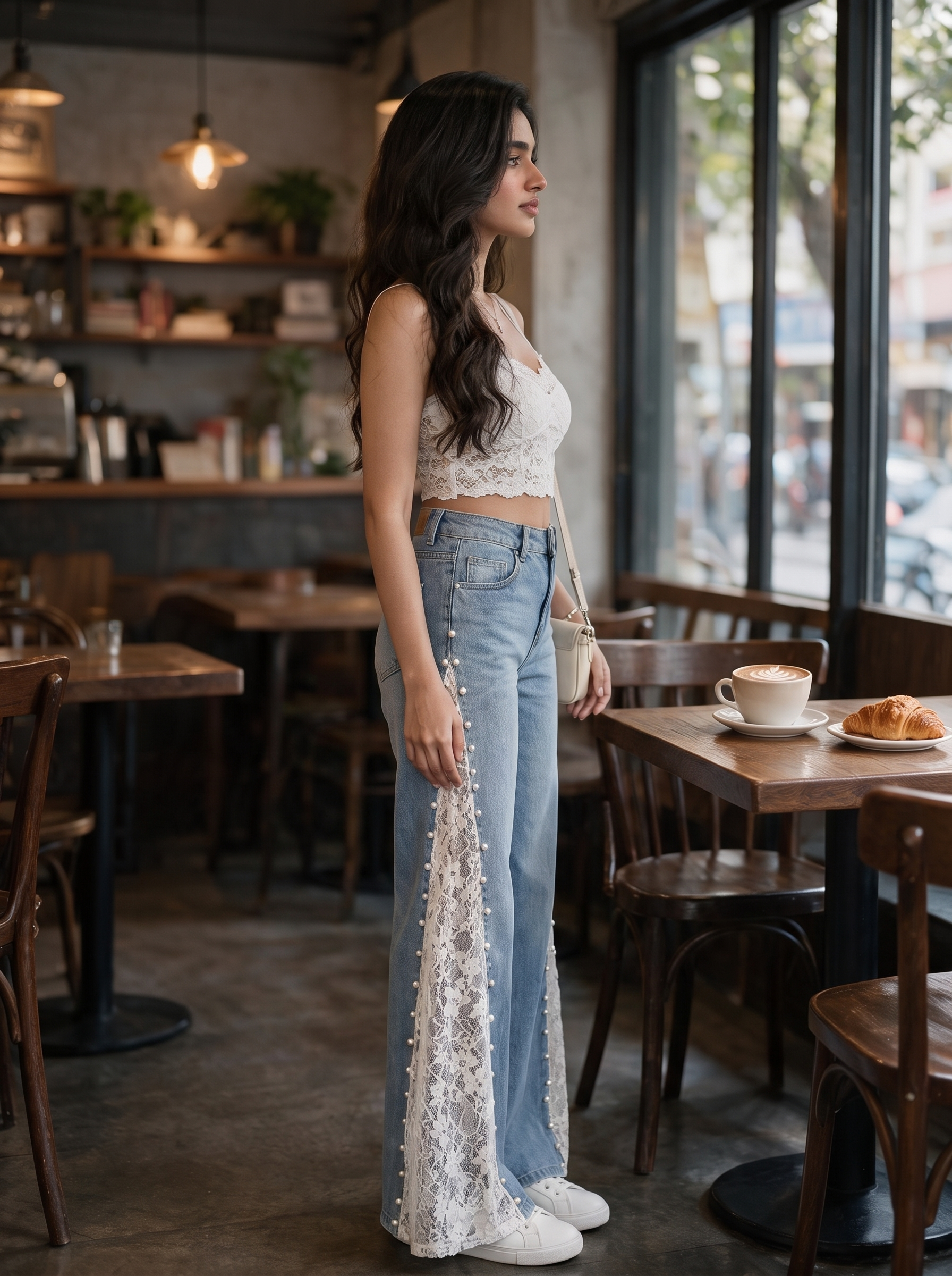 Sarah - Pearl Embellished Lace Jeans - Ice Blue