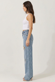 Cupid’s Charm - Rhinestone Embellished Cut Out Jeans - IceBlue