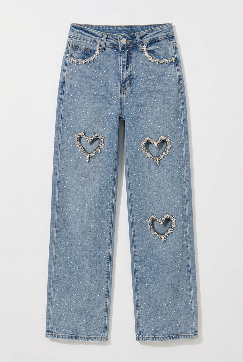 Cupid’s Charm - Rhinestone Embellished Cut Out Jeans - IceBlue
