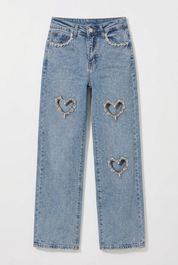 Cupid’s Charm - Rhinestone Embellished Cut Out Jeans - IceBlue