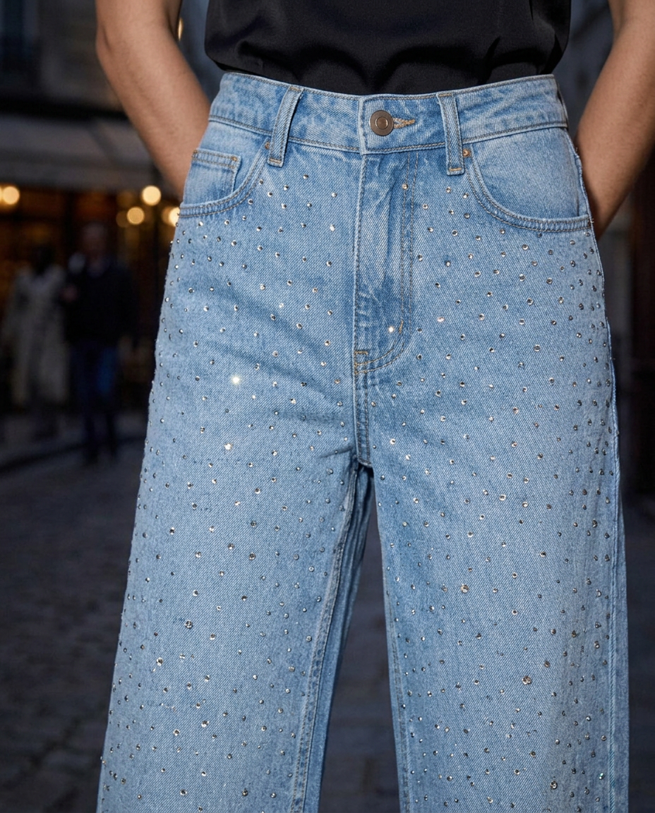 Disco Dust - Rhinestone Embellished Wide Leg Jeans - Ice Blue